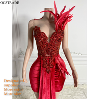 Robe de Bal Tube Ocstrade Scintillante à Plumes Longues, Épaule et Strass, Rouge Velours Long Ourlet pour Soirée Femme 2025