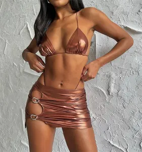 Bikini gaya ikatan leher Halter menakjubkan Set Bikini feminin modis pakaian renang wanita disesuaikan 3 potong pakaian renang metalik