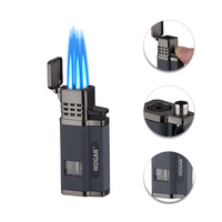 Briquet à cigare gonflable en métal, briquet à jet à quatre flammes, pistolet à flamme, couteau, perceuse - Portable, coupe-vent, design moderne pour l'extérieur