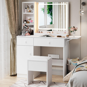 Grande coiffeuse blanche à 2 tiroirs avec miroir LED <span class=keywords><strong>et</strong></span> tabouret, <span class=keywords><strong>table</strong></span> de maquillage pour filles <span class=keywords><strong>et</strong></span> femmes - Product Image 1