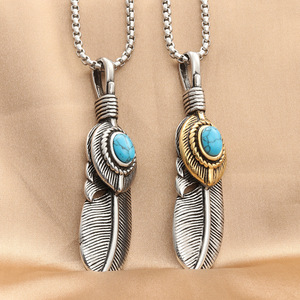 Pendentif plume en acier inoxydable avec pierre turquoise, collier pour homme, style punk rétro, ton argent et or - Product Image 2