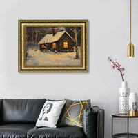 Peinture de paysage vintage ornée d'or encadrée, peinte à la main, art mural à l'huile pour salon, style rétro, art de ferme, chambre à coucher