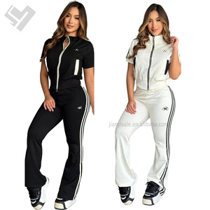 Conjunto de pantalones de 2 piezas con cremallera de manga corta informal para mujer, conjunto de pantalones de pierna ancha holgados con estampado de diseñador y conjunto de Top, conjunto de pantalones para correr de 2 piezas - Product Image 1