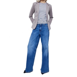 Custom Logo Fashion Washed Luxury <b>Jeans</b> High Waist Women <b>Vintage</b> Medium Blue Wide Led <b>Flare</b> <b>Jeans</b> - Product Image 2