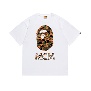 Camiseta Vintage de Algodón Puro 2024SS Verano con Estampado de Cabeza de Mono y Camuflaje, Unisex, Manga Corta, Cuello Redondo para Hombre - Product Image 1