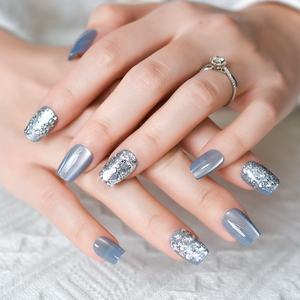 Faux ongles courts <span class=keywords><strong>bleu</strong></span> clair, design chic avec paillettes et yeux de chat, luxe, forme squoval, couverture complète, 15 tailles - 30 pièces - Product Image 6