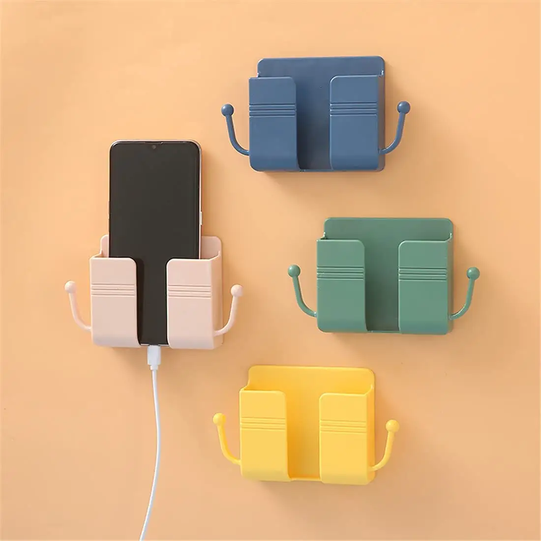 USLION Wall Mounted Mobile Phone Holder Multifunctional Holder Remote Control Storage Box Charger Hook Cable Charging Dock Stand