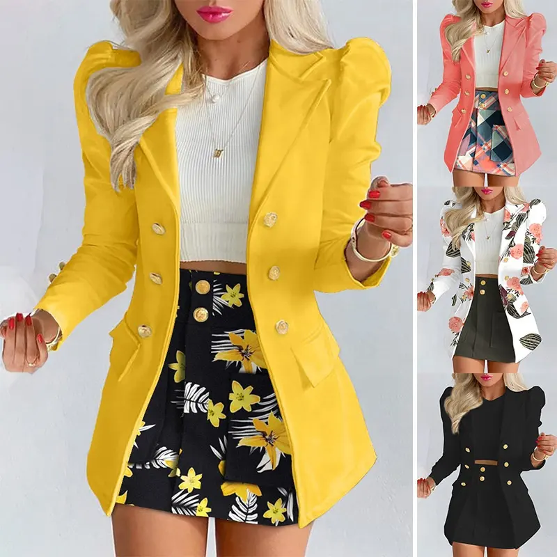 Long Sleeve Solid Blazers Ladies Women With Mini Skirt Two Piece Set Office Ladies Business Suits