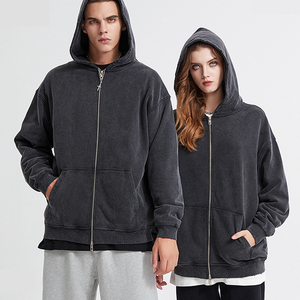Sweat à capuche zippé en laine épaisse 420g, 100% coton, style rétro vieilli, bords déchirés, coupe ample, effet délavé à l'acide - Product Image 2