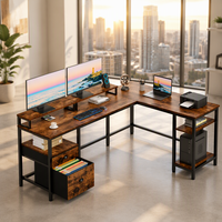 Bureau d'ordinateur en forme de L de 66 pouces, design réversible, tiroir à dossiers, support pour 2 moniteurs, étagères de rangement, table d'ordinateur d'angle