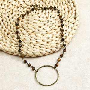 Nueva joyería personalizada Retro étnica para mujer, cadena de <span class=keywords><strong>Rosario</strong></span> de piedra Natural, anillo grande, collar gargantilla corta con abalorio circular de bronce antiguo - Product Image 3