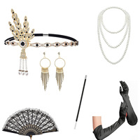 Ensemble d'accessoires de costume Charleston Gatsby pour femme des années 20 : Bandeau en strass, collier de perles, boucles d'oreilles, éventail en dentelle, longs gants
