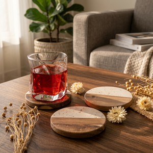 Juego de Posavasos Redondos de Travertino y Madera, Resistentes al Calor, Hechos a Mano, Acabado Natural, Protección Elegante para Mesas de Cafetería - Product Image 1