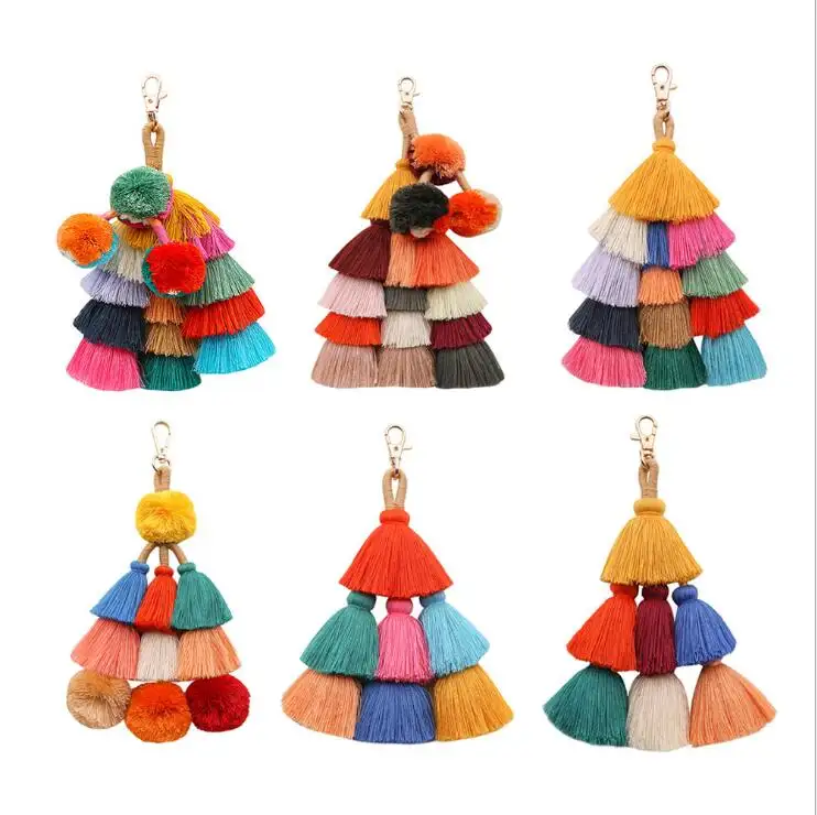 Thời Trang Phụ Nữ Boho Handmade Bag Phụ Kiện Đa Màu Leaf Layered Dài Tassel Shell Pom Pom Túi Xách Charm Gỗ Bead Key Chain