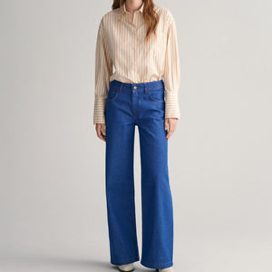 Jean bleu vif jambe large personnalisé coupe ample coutures contrastées jean taille basse jambe large pour les femmes de grande taille - Product Image 3