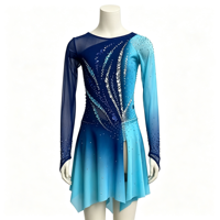 Robe de patinage artistique bleu cyan dégradé avec strass et maille, manches longues, pour enfants et adultes, tenue de performance pour compétition sur glace