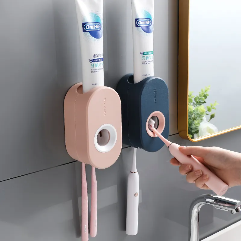 Amazon Hot Factory Direct Household Bathroom Tower Dustprooof Two in One Toothbrush Holder Toothpaste Squeezer Device