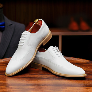 Chaussures Richelieu blanches pour hommes à bout pointu en cuir véritable à lacets pour mariage toutes saisons motif uni - Product Image 2