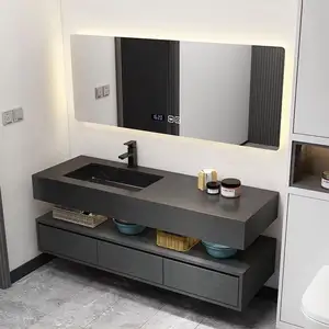 Lüks yüzer banyo Vanity tedarikçisi aynalı dolap Modern mat siyah duvara monte banyo tezgah seti