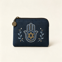 Dompet Koin Linen Bordir Yahudi dengan Resleting, Bintang Daud, Menorah, Tangan Hamsa, Gulungan Taurat, Dompet Kanvas Mini, Kantong Hadiah Religius