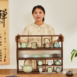 Solid Wood Chinese Style <b>Wall</b> <b>Mounted</b> Display <b>Shelf</b> Multi Compartment Teapot Tea Set Storage Rack For Tea Room - Product Image 1