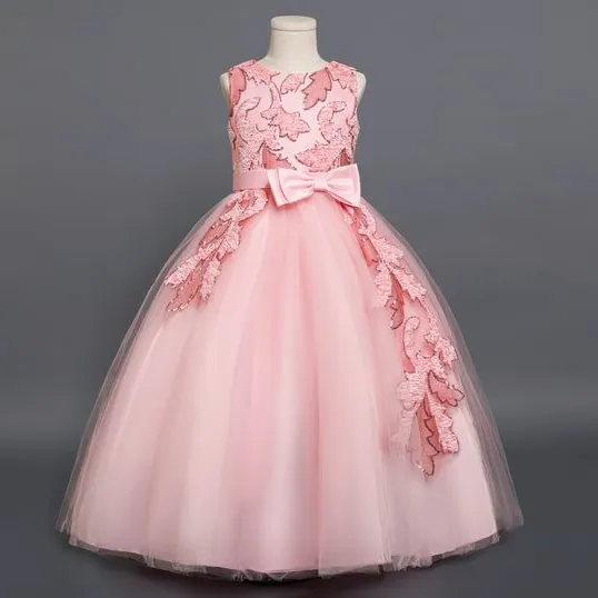 Chemical Lace Flower Girl Dress Pink 2022 Ankle length pink Bow Belt Little Girls Kids Children Dress Wedding Pageant Dress