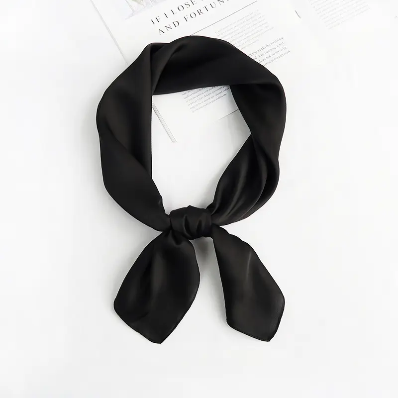 Small MOQ Wholesale Luxury Elegant Brand Wrap Black Plain Handkerchief 70*70Cm Bandanas Soft Satin Square Silk Scarf