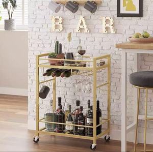 Ruedas de carro de barra dorada de 2 niveles Montaje de manija de empuje fácil Estante de botellas de copa de vino para sala de estar Comedor Cocina Islas de cocina Carros - Product Image 6