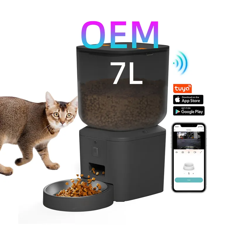 Oem 7l Automatische Kattenfeeder Met Camera Videobewaking Spraakopname Kattenvoer Dispenser Wifi Smart Cat Feeder Met Camera