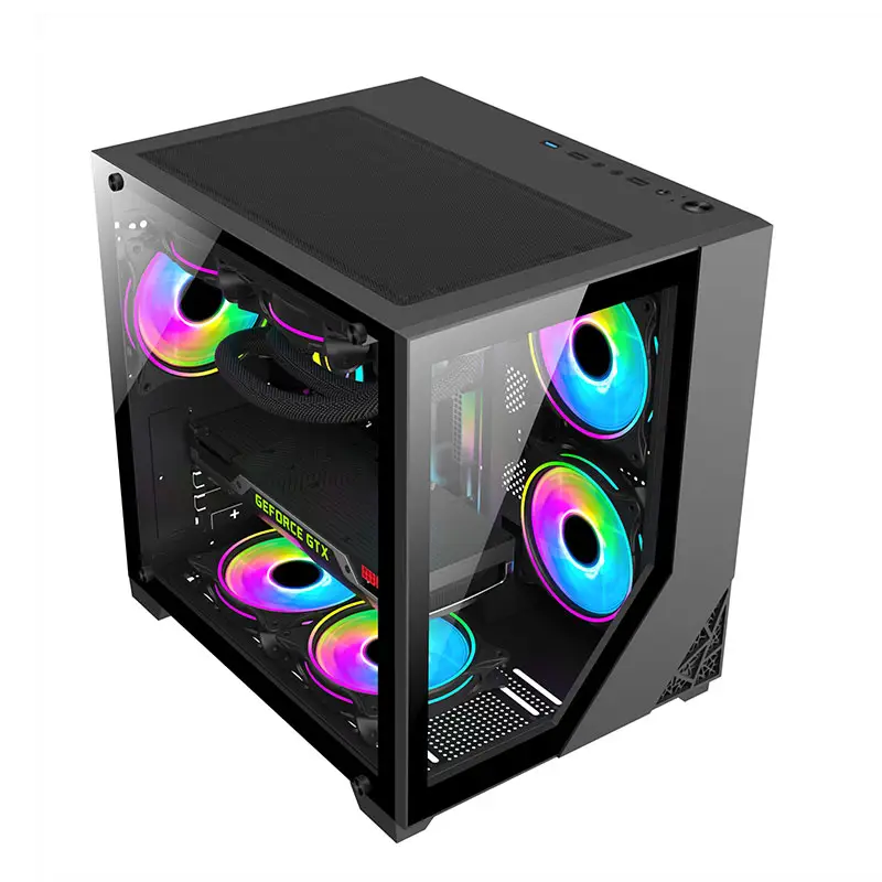 2024 새로운 디자인 마이크로 ATX 게이밍 PC 케이스 맞춤형 강화 유리 RGB 미드 타워 알루미늄 합금 팬 쿨러 시스템
