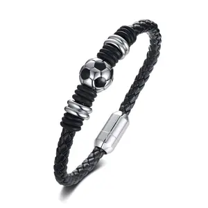 Fashion Jewelry Gift for Soccer Lover Football Charm Braided Leather Bracelet with Stainless Steel Magnet Clasp