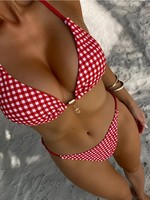 Ensemble bikini femme 2 pièces à carreaux coupe haute avec nœud et bretelles spaghetti, maillot de bain d'été, vente en gros, logo personnalisé