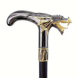 Canne en métal à poignée en T Dragon ailé noir et or 2 pièces Bâtons de marche Décoration de fête pour hommes Élégant vintage pour hommes - Product Image 5