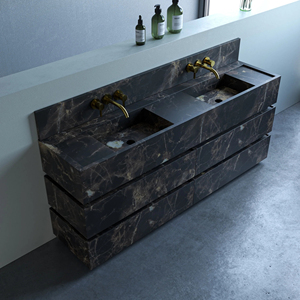 حوض من رخام الباندا بتصميم حديث ، حوض من الحجر الطبيعي الأبيض مع التخزين - Product Image 6
