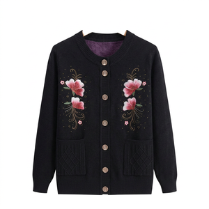Cardigan en tricot épais respirant pour femme, à manches longues, col rond, style vintage, avec broderie florale violette - Product Image 3