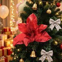Nouvelle branche de fleur de Noël artificielle, fausse fleur avec accents de paillettes dorées, couronne de Noël en plastique, décoration pour arbre de Noël