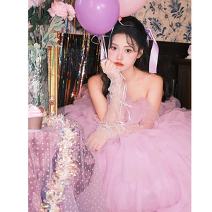 Strapless Purple Tulle Ball Gown Wedding Dress Empire Waistline For Outdoor Portrait Photography - Product Image 3