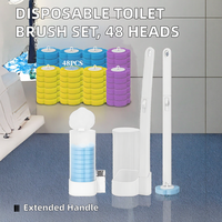 Sikat Toilet Plastik Sekali Pakai 2 Paket 48 Kepala Pengganti Gagang Panjang Set Tempat Gantung Dinding untuk Toilet