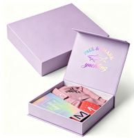 Boîte cadeau magnétique personnalisée en violet lavande, logo holographique, boîte d'emballage rigide en papier pliable pour vêtements