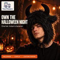 Chapeau de démon en forme de cornes de taureau pour Halloween, en peluche noire et fourrure, avec attaches pour le menton, pour accessoires de costume de cosplay et de fête