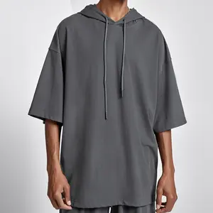 wholesale high quality tshirt fabric 100 cotton grey tshirt blank with string hood 240gsm oversize cotton tshirt