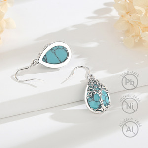 Boucles d'oreilles pendantes hypoallergéniques Merryshine en obsidienne et <span class=keywords><strong>pierre</strong></span> <span class=keywords><strong>de</strong></span> <span class=keywords><strong>lune</strong></span>, motif arbre <span class=keywords><strong>de</strong></span> vie, avec fermoir à levier - Product Image 2