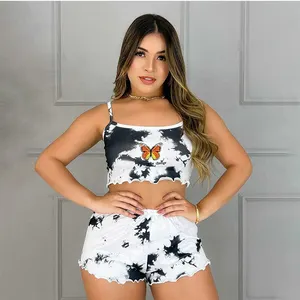 Wish Shop Online Conjuntos De Pijamas Bordado Spaghetti Strap Vestido Noite para Menina Mulheres Shorts Máquina Bordado Em Torno Do Pescoço Impresso
