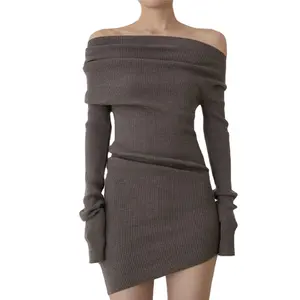 Custom New Arrival Cold Shoulder Ribbed Solid Color Full Sleeve Long Dress Elegant Sexy For Woman