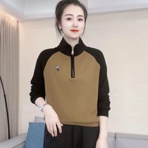 Women's Stand Collar Fleece Sweatshirt Gray Black Mustard Yellow Geometric Pattern Polyester Slim Fit Autumn Winter Top - Product Image 3