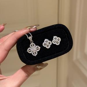 S925 Sterling <b>Silver</b> Diamond Inlaid Retro Luxury Craft Four Leaf Flower <b>Necklace</b> <b>Earrings</b> <b>Set</b> Niche Luxury Inlaid Retro Jewelry - Product Image 5