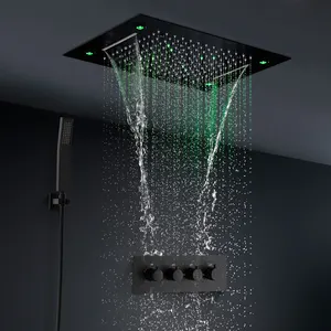 Matt Black Bathroom Ceiling mounted Massage waterfall Rain Waterfall Shower Head LED Thermostatic Shower Faucet Sets