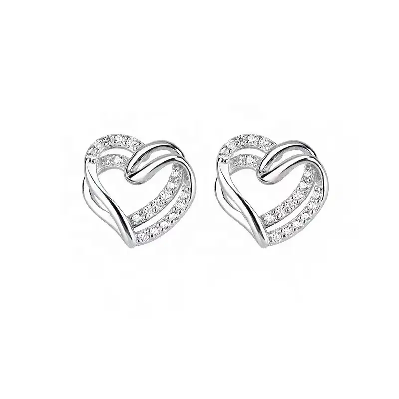 Silver Custom Elegant Unique Heart Sparkly Stud Earrings Sparkly Zircon Love Zircon Love Heart Stud Earring 925 Sterling Silver