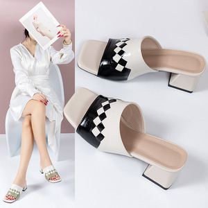 Nouvelles Sandales d'été élégantes à bout carré et talon moyen, grande taille, color block, à talon épais, pour femme - Product Image 1