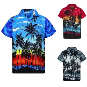 热销夏季印花衬衫夏威夷花卉短袖休闲男式衬衫，适合海滩和派对服装